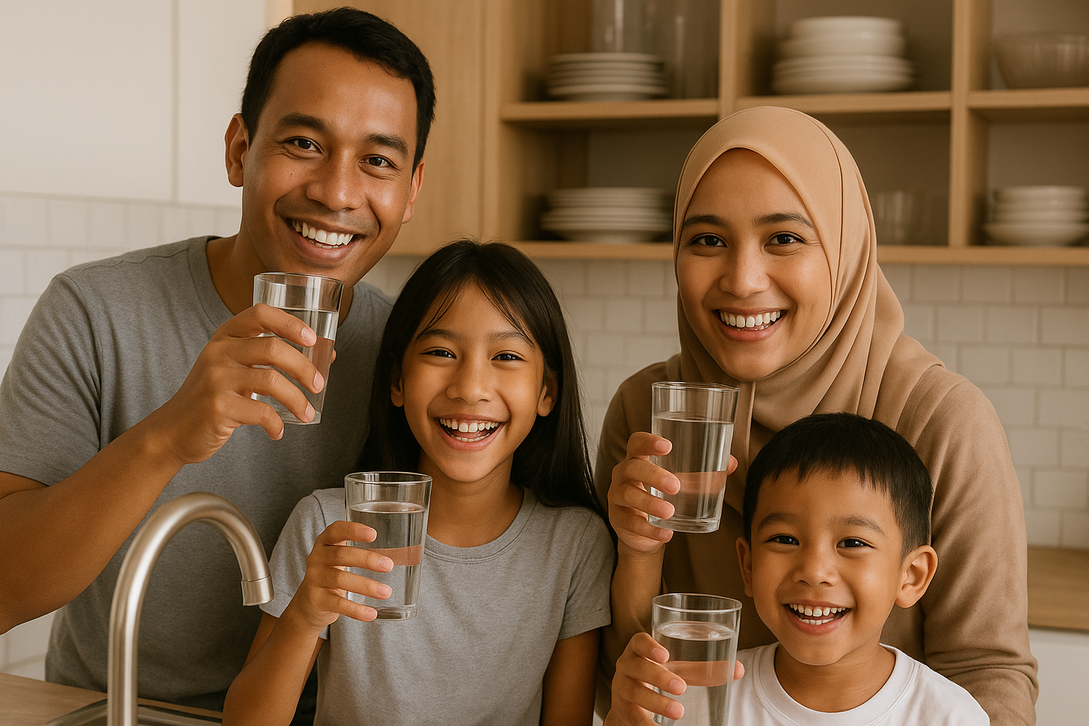 Keluarga bahagia dengan air bersih